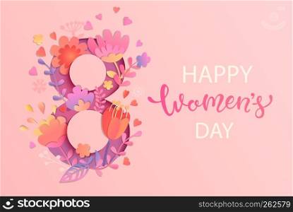 International Women's Day. Banner, flyer for March 8 decorating by paper flowers and hand drawn lettering. Congratulating and wishing happy holiday card for newsletter, brochures, postcards. Vector.. International Women's Day.