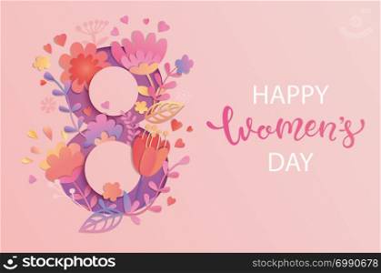 International Women&rsquo;s Day. Banner, flyer for March 8 decorating by paper flowers and hand drawn lettering. Congratulating and wishing happy holiday card for newsletter, brochures, postcards. Vector.. International Women&rsquo;s Day.