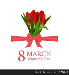 International women&rsquo;s day card. 8 march greeting card with bouquet of tulips for woman, mother. Spring flower with bow and ribbon on poster. Happy women&rsquo;s day on white background. vector illustration. International women&rsquo;s day card. 8 march greeting card with bouquet of tulips for woman, mother. Spring flower with bow and ribbon on poster. Happy women&rsquo;s day on white background. vector
