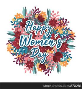 International Women's Day, March 8, with the decor of flowers and leaves. vector illustration greeting poster card. floral background