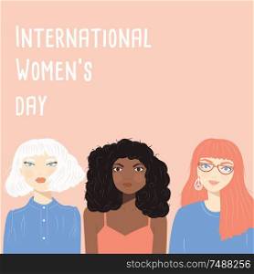 International Women&rsquo;s Day sign with portraits of three diverse women on pink background, flat vector illustration