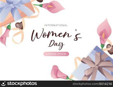   International Women s Day, 8 March banner design with number eight, pink calla lilies, chocolate hearts, gifts, ribbons. Romantic floral Mother s Day design for greeting card, poster, postcard, flyer.