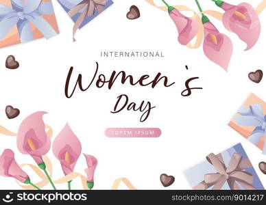  International Women s Day, 8 March banner design with number eight, pink calla lilies, chocolate hearts, gifts, ribbons. Romantic floral Mother s Day design for greeting card, poster, postcard, flyer.