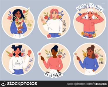 International women’s day. 8 March. Sticker pack with girl power slogans and inspiration"es.. International women’s day. 8 March. Sticker pack with girl power slogans and inspiration"es