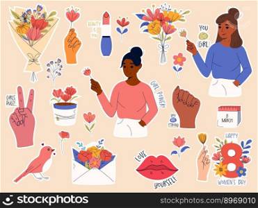 International women’s day. 8 March. Sticker pack with girl power slogans and inspiration"es.. International women’s day. 8 March. Sticker pack with girl power slogans and inspiration"es