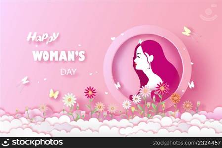 International Women’s Day 8 march with butterfly and flower and leaves, Happy Women Day holiday illustration. Paper art, paper cut  style.
