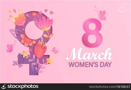 International Women’s Day banner, flyer.Card for March 8 decorating by paper flowers in papercut female symbol. Congratulating card for newsletter, brochures,postcards.Vector illustration.. International Women’s Day banner, flyer, card.