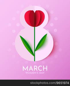 International Women’s Day Banner. Flyer for March 8 with flowers decor. Number 8. Invitation in paper cut style with flower. Vector illustration. International Women’s Day Banner. Flyer for March 8 with flowers decor. Number 8. Invitation in paper cut style with flower.