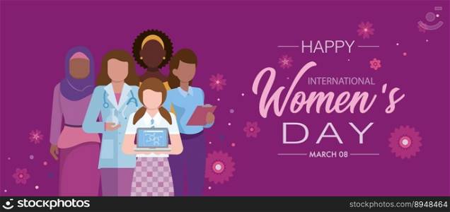 INTERNATIONAL WOMEN S DAY Greeting Card. Group of student girl with laptop, doctor woman, african woman and muslim woman seen from front on purple background with flowers. Vector image