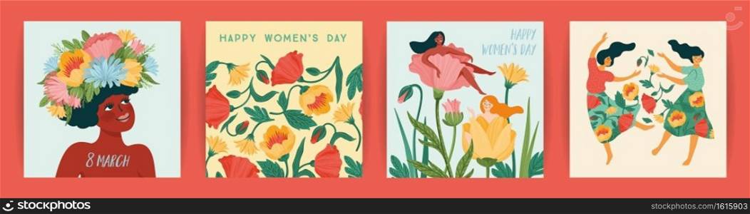 International Women s Day. Set of vector templates with cute women and flowers for card, poster, flyer and other users. International Women s Day. Set of vector templates with cute women and flowers for card, poster, flyer and other