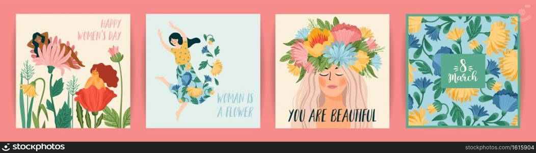 International Women s Day. Set of vector templates with cute women and flowers for card, poster, flyer and other users. International Women s Day. Set of vector templates with cute women and flowers for card, poster, flyer and other