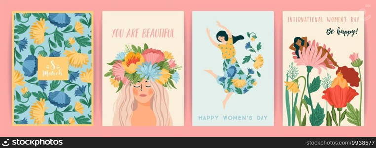 International Women s Day. Set of vector templates with cute women and flowers for card, poster, flyer and other users. International Women s Day. Set of vector templates with cute women and flowers for card, poster, flyer and other