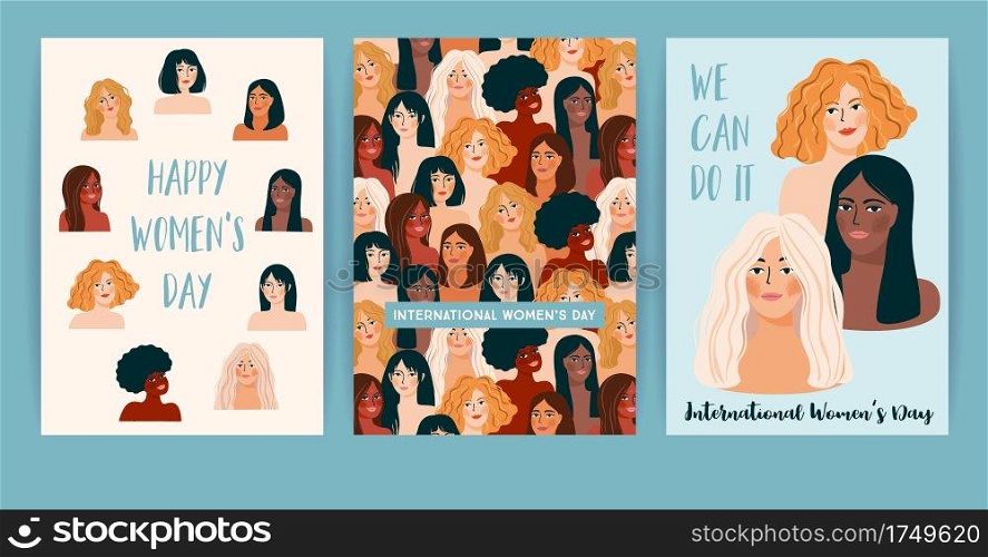 International Women s Day. Set of vector templates with women different nationalities and cultures. Struggle for freedom, independence, equality.. International Women s Day. Set of vector templates with women different nationalities and cultures.