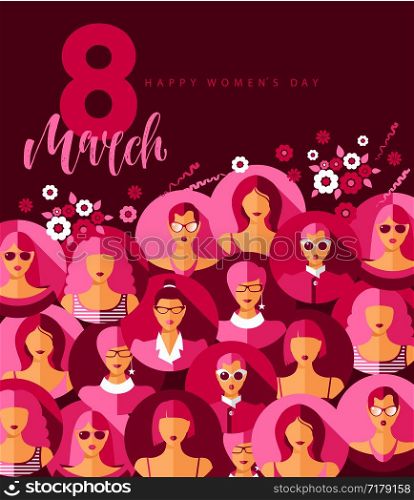 International Women s Day. Vector illustration with women faces.. International Women s Day. Vector illustration with women faces and 8.