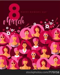 International Women s Day. Vector illustration with women faces.. International Women s Day. Vector illustration with women faces and 8.