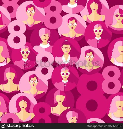 International Women s Day. Vector seamless pattern with women faces.. International Women s Day. Vector seamless pattern with women faces and 8.