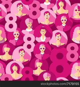 International Women s Day. Vector seamless pattern with women faces.. International Women s Day. Vector seamless pattern with women faces and 8.