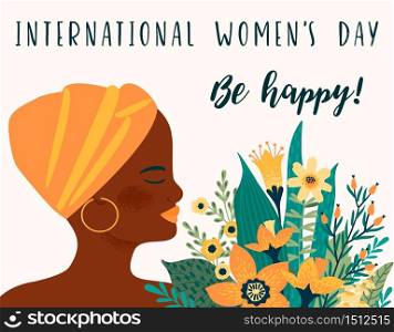 International Women s Day. Vector template with african woman and flowers for card, poster, flyer and other users. International Women s Day. Vector template with african woman and flowers
