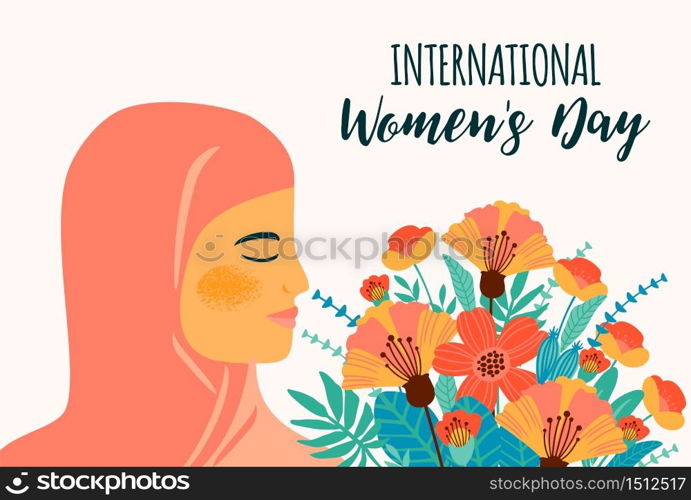 International Women s Day. Vector template with arab woman and flowers for card, poster, flyer and other users. International Women s Day. Vector template with arab woman and flowers