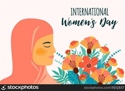 International Women s Day. Vector template with arab woman and flowers for card, poster, flyer and other users. International Women s Day. Vector template with arab woman and flowers