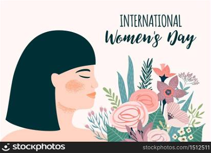 International Women s Day. Vector template with asian woman and flowers for card, poster, flyer and other users. International Women s Day. Vector template with asian woman and flowers