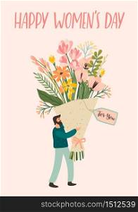 International Women s Day. Vector template with cute man with bouquet of flowers for card, poster, flyer and other users. International Women s Day. Vector template with cute man with bouquet of flowers