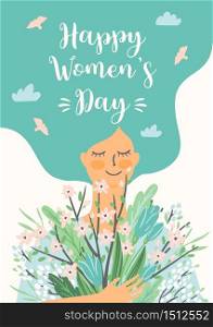 International Women s Day. Vector template with cute woman and flowers for card, poster, flyer and other users. International Women s Day. Vector template with cute woman and flowers