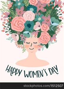 International Women s Day. Vector template with cute woman for card, poster, flyer and other users. International Women s Day. Vector template with cute woman