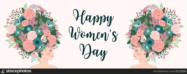 International Women s Day. Vector template with cute woman for card, poster, flyer and other users. International Women s Day. Vector template with cute woman