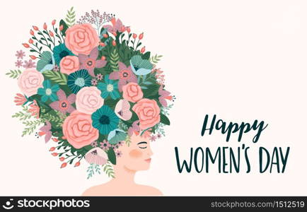 International Women s Day. Vector template with cute woman for card, poster, flyer and other users. International Women s Day. Vector template with cute woman