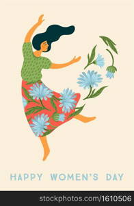 International Women s Day. Vector template with dancing woman and flowers for card, poster, flyer and other users. International Women s Day. Vector template with dancing woman and flowers for card, poster, flyer and other