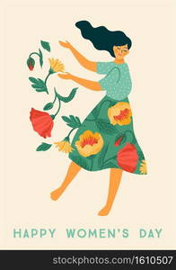 International Women s Day. Vector template with dancing woman and flowers for card, poster, flyer and other users. International Women s Day. Vector template with dancing woman and flowers for card, poster, flyer and other