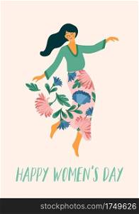 International Women s Day. Vector template with dancing woman and flowers for card, poster, flyer and other users. International Women s Day. Vector template with dancing woman and flowers for card, poster, flyer and other