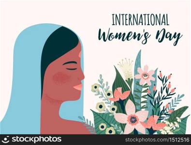 International Women s Day. Vector template with Indian woman and flowers for card, poster, flyer and other users. International Women s Day. Vector template with Indian woman and flowers