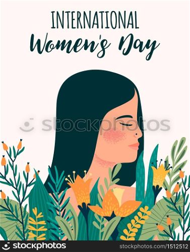 International Women s Day. Vector template with metis woman and flowers for card, poster, flyer and other users. International Women s Day. Vector template with metis woman and flowers