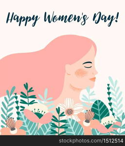 International Women s Day. Vector template with woman and flowers for card, poster, flyer and other users. International Women s Day. Vector template with woman and flowers.