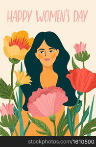 International Women s Day. Vector template with woman and flowers for card, poster, flyer and other users. International Women s Day. Vector template with woman and flowers for card, poster, flyer and othe