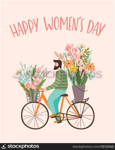 International Women s Day. Vector templates with cute man with flowers on a bicycle for card, poster, flyer and other users. International Women s Day. Vector templates with cute man with flowers on a bicycle