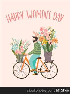 International Women s Day. Vector templates with cute man with flowers on a bicycle for card, poster, flyer and other users. International Women s Day. Vector templates with cute man with flowers on a bicycle