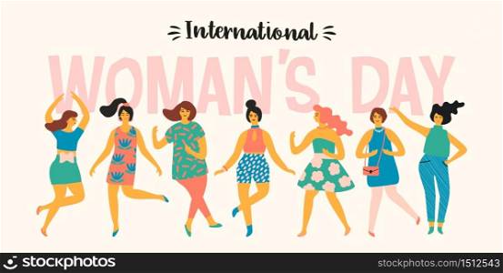 International Women s Day. Vector templates with cute women for card, poster, flyer and other users. International Women s Day. Vector templates with cute women