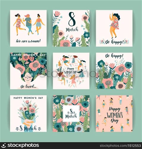 International Women s Day. Vector templates with cute women for card, poster, flyer and other users. International Women s Day. Vector templates with cute women
