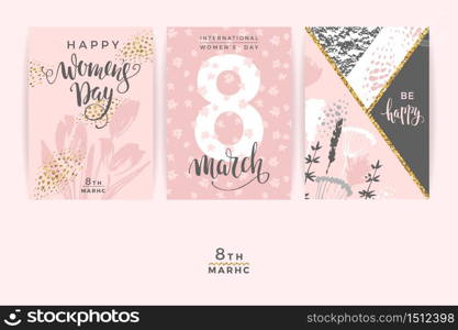 International Women s Day. Vector templates with lettering design and hand draw texture. Design for card, poster, flyer and other users.. International Women s Day. Vector templates.