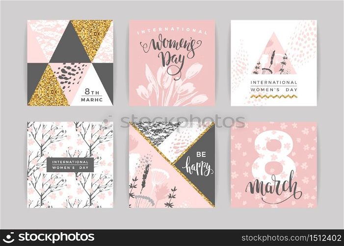 International Women s Day. Vector templates with lettering design and hand draw texture. Design for card, poster, flyer and other users.. International Women s Day. Vector templates.