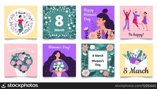 International Womens Day card. Happy women day, 8 March holiday greeting cards vector set. Collection of square modern festive postcard templates for 8 March celebration with cute girls and flowers.. International Womens Day card. Happy women day, 8 March holiday greeting cards vector set