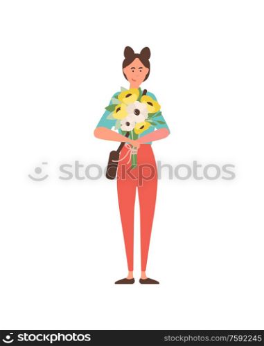 International womens day celebration vector, woman standing with floral bouquet. Flower composition, daisy in tied together, happy girl isolated. Woman Holding Bouquet of African Daisy Isolated