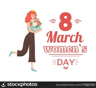 International womens day greeting card with pretty girl holding box full of rose flowers. Vector 8 March spring holiday lettering congrats, redhead female. International Womens Day Greeting Card Pretty Girl