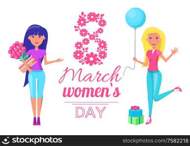 International womens day, lady with bouquet of flowers, balloon, gift boxes and lettering congratulations. Vector 8 march poster with happy girl greetings. International Womens Day, Lady, Bouquet of Flowers
