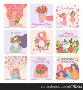 International womens day. Posters with happy dancing woman and spring flowers celebrating 8 march. Cartoon female hold bouquet vector set. Envelope with tulips, cheerful girls greeting cards. International womens day. Posters with happy dancing woman and spring flowers celebrating 8 march. Cartoon female hold bouquet vector set