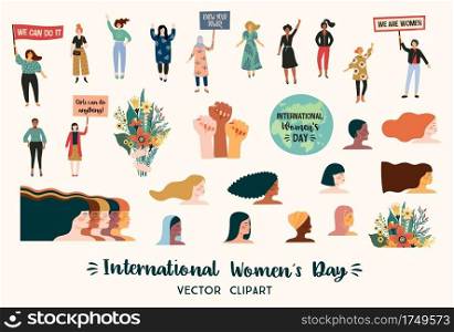 International Womens Day. Vector clipart with women different nationalities and cultures. Struggle for freedom, independence, equality.. International Womens Day. Vector clipart with women different nationalities and cultures.