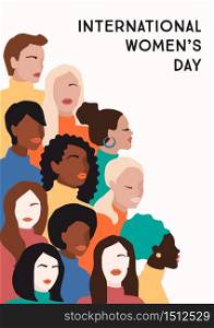 International Womens Day. Vector illustration of abstract women with different skin colors. Struggle for freedom, independence, equality.. International Womens Day. Vector illustration of women with different skin colors.